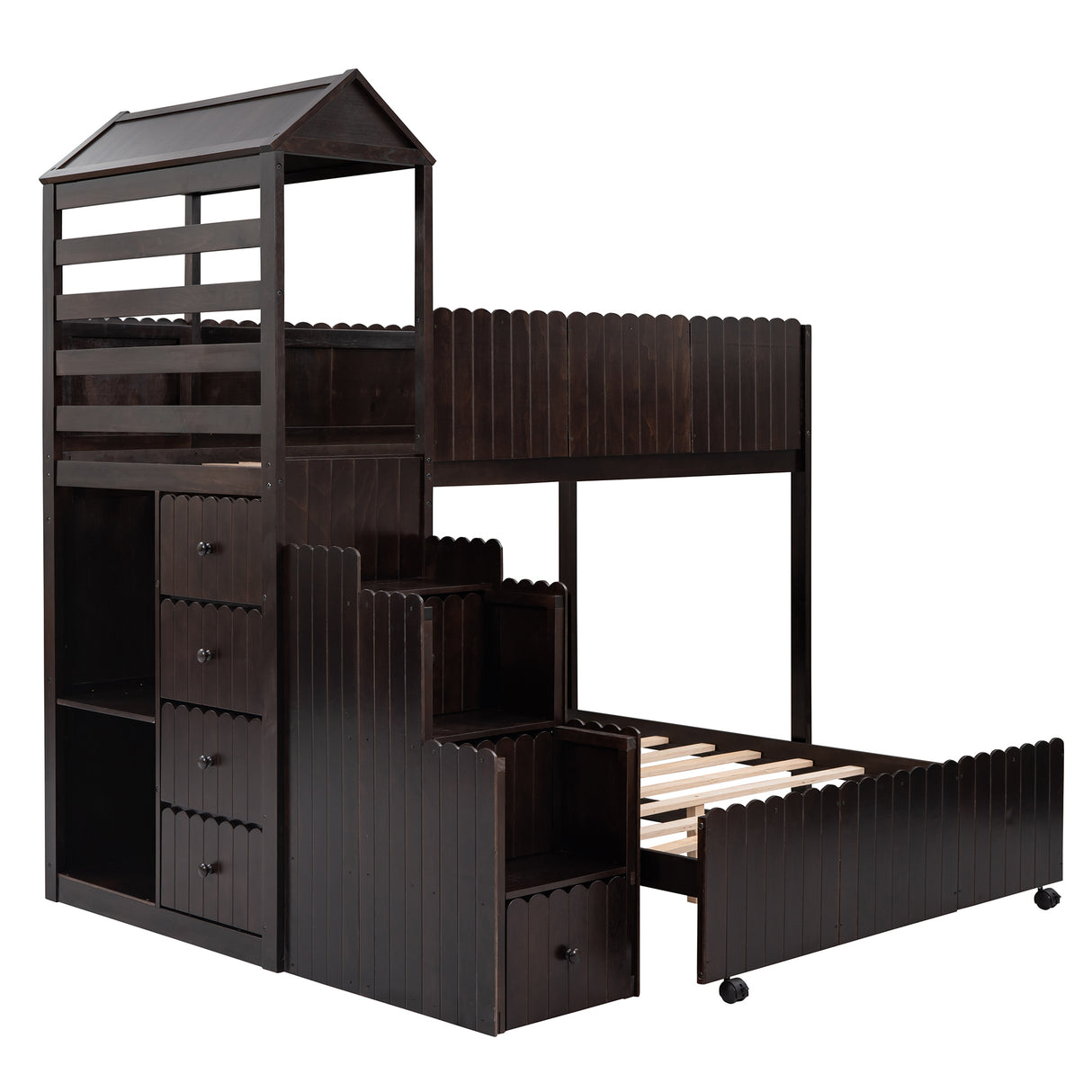 Stairway Twin Over Full Bunk Bed, House Bed with Two Shelves and Seven Drawers,Espresso - Home Elegance USA