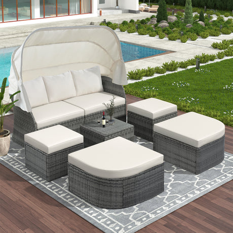 U_STYLE Outdoor Patio Furniture Set Daybed Sunbed with Retractable Canopy Conversation Set Wicker Furniture （As same as WY000281AAK）