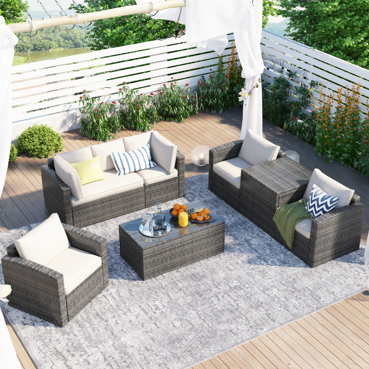 U_STYLE Patio Furniture Sets, 7-Piece Patio Wicker Sofa , Cushions, Chairs , a Loveseat , a Table and a Storage Box