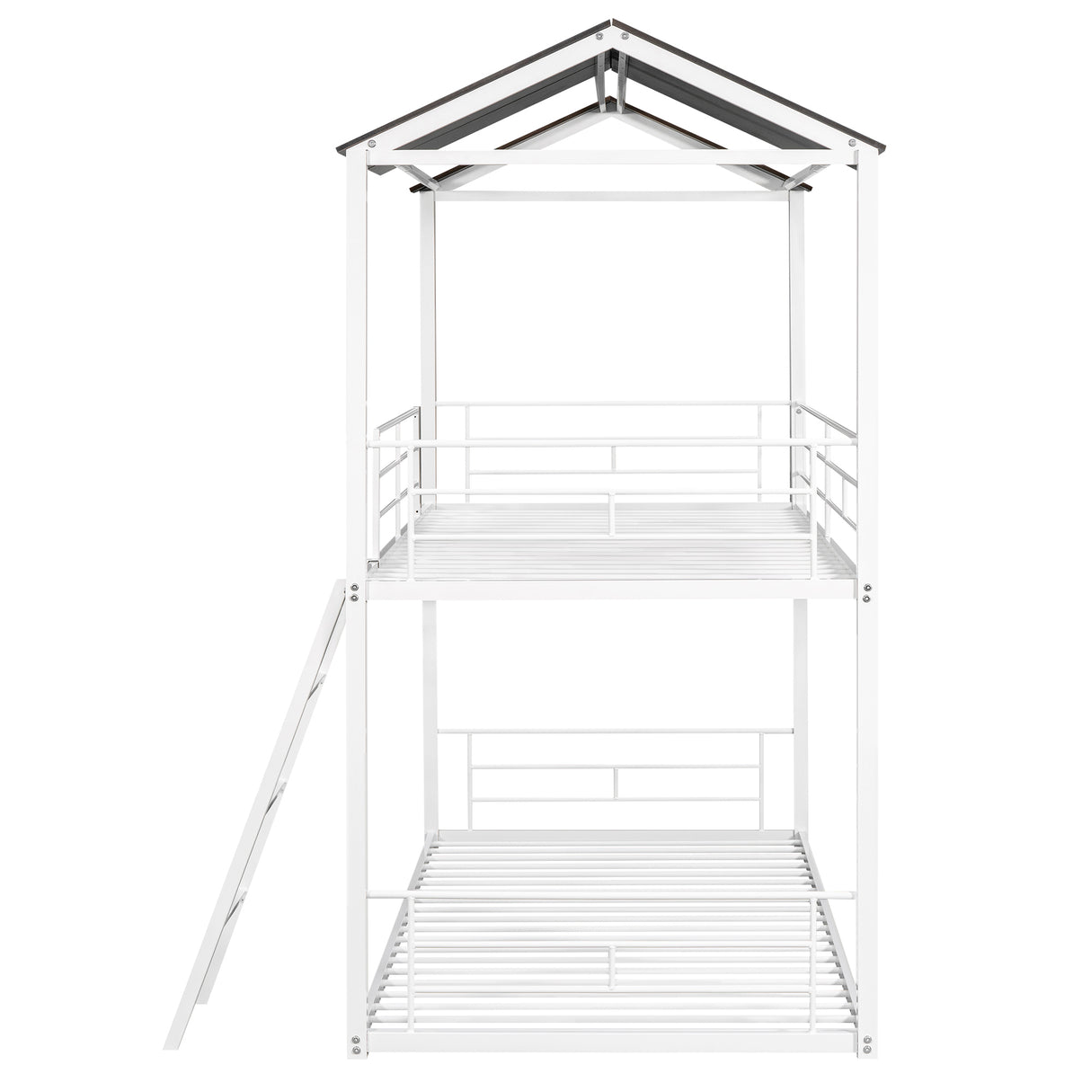 Twin Over Twin Bunk Bed Metal Bed with Half Roof, Guardrail and Ladder White - Home Elegance USA