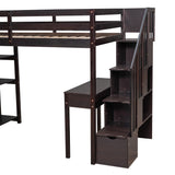 Twin size Loft Bed with Storage Drawers ,Desk and Stairs, Wooden Loft Bed with Shelves - Espresso - Home Elegance USA