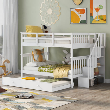 Stairway Full-Over-Full Bunk Bed with Twin size Trundle, Storage and Guard Rail for Bedroom, Dorm - White(OLD SKU :LP001210AAK) - Home Elegance USA