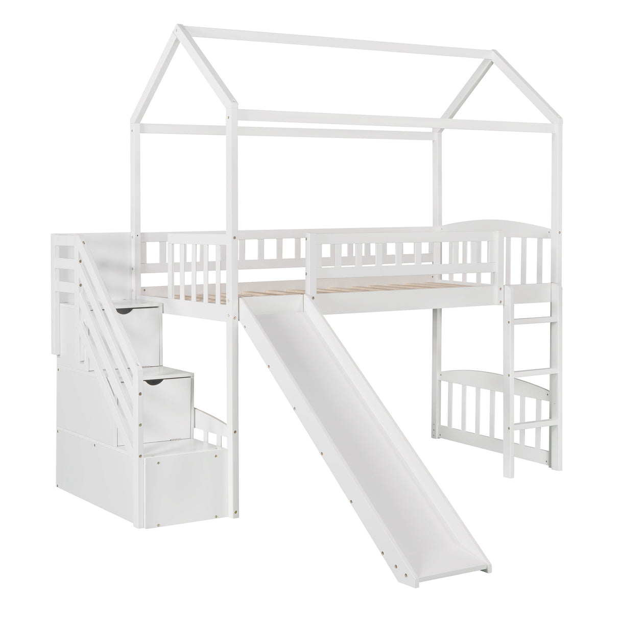 Twin Loft Bed with Two Drawers and Slide, House Bed with Slide, White (Old SKU: LP000130AAK) - Home Elegance USA