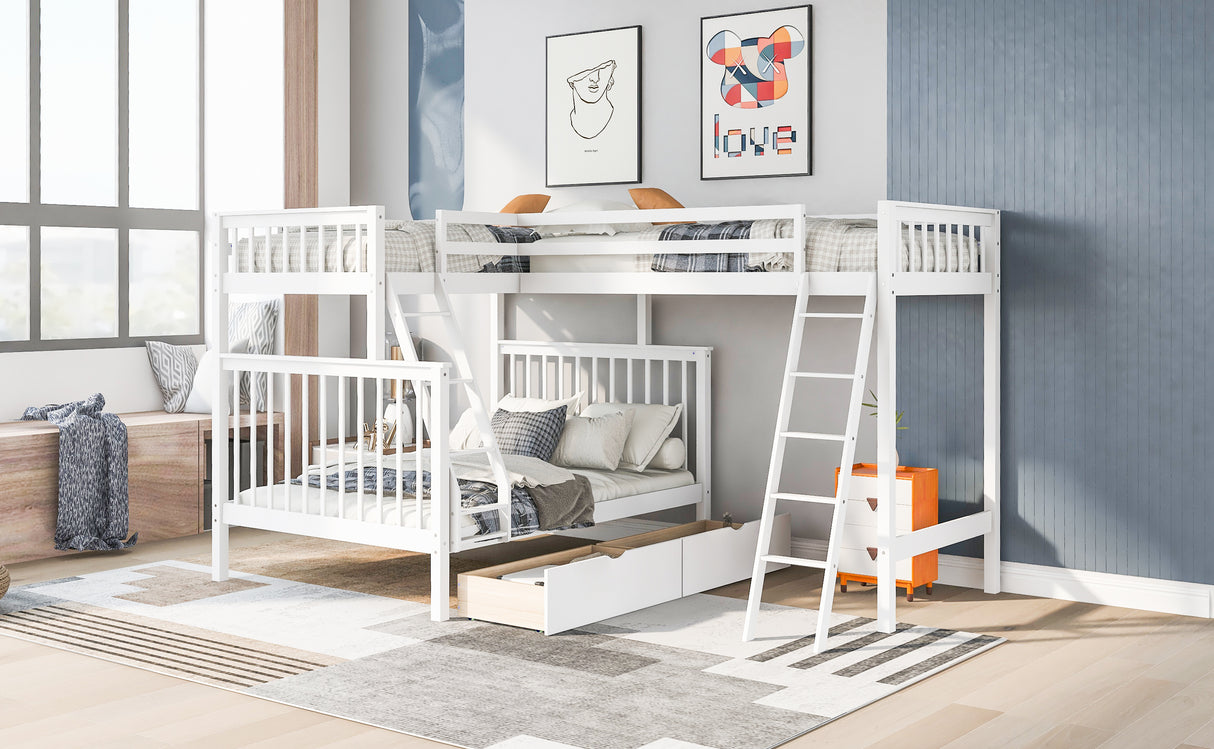 L-Shaped Twin over Full Bunk Bed and Twin Size Loft Bed with Two Storage Drawers,White - Home Elegance USA