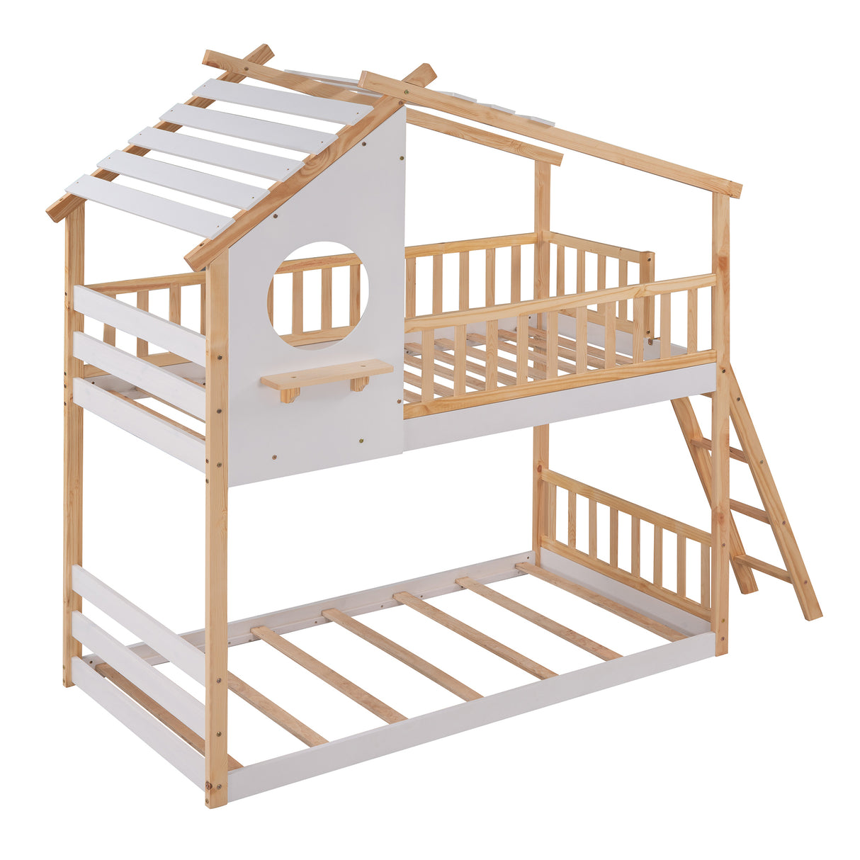 Twin Over Twin Bunk Bed Wood Bed with Roof, Window, Ladder ( Natural )(OLD SKU :LP000008AAD) - Home Elegance USA