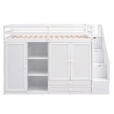 Functional Loft Bed with 3 Shelves, 2 Wardrobes and 2 Drawers,  Ladder with Storage, No Box Spring Needed, White - Home Elegance USA