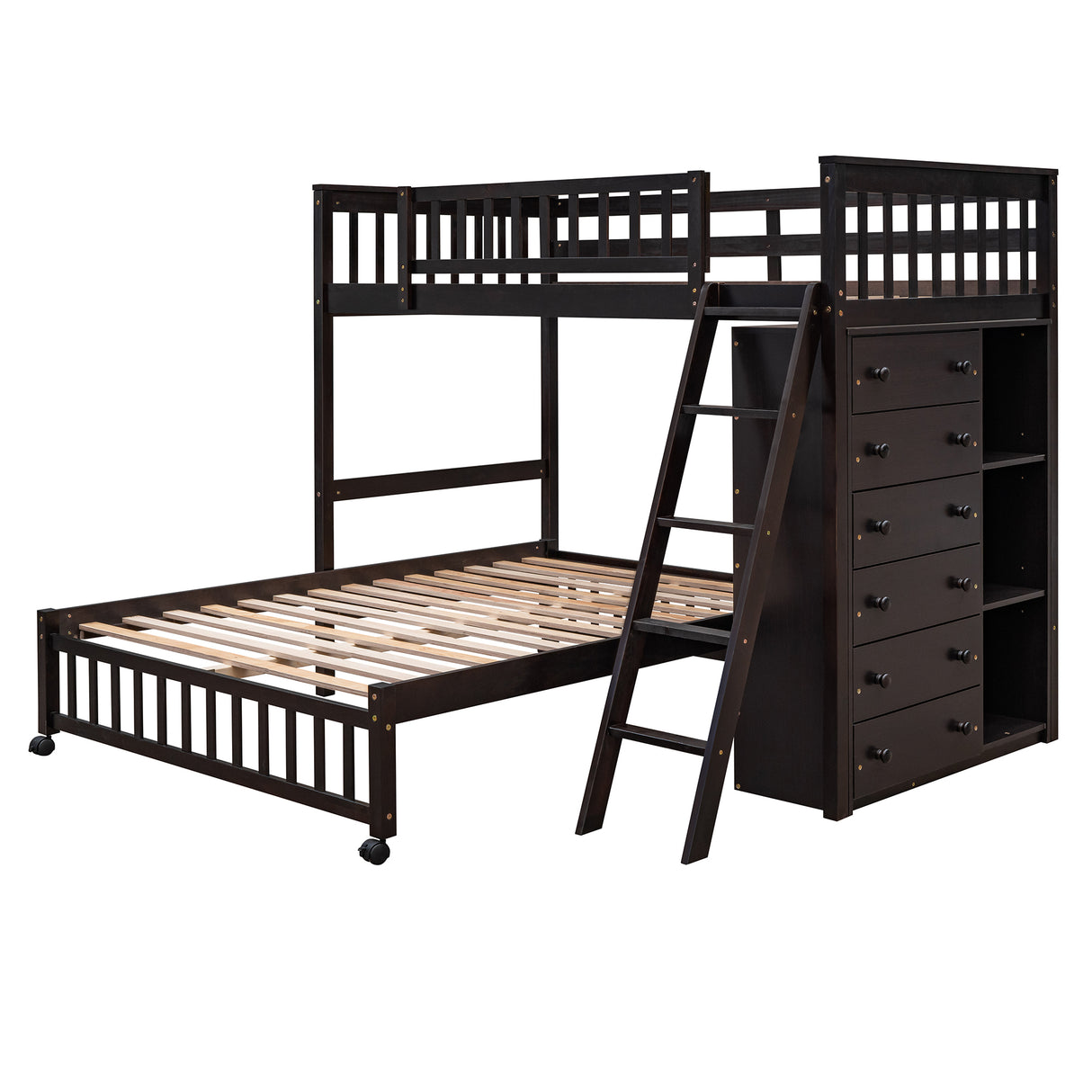 Wooden Twin Over Full Bunk Bed With Six Drawers And Flexible Shelves,Bottom Bed With Wheels,Espresso(OLD SKU:LP000531AAP) - Home Elegance USA