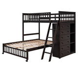 Wooden Twin Over Full Bunk Bed With Six Drawers And Flexible Shelves,Bottom Bed With Wheels,Espresso(OLD SKU:LP000531AAP) - Home Elegance USA