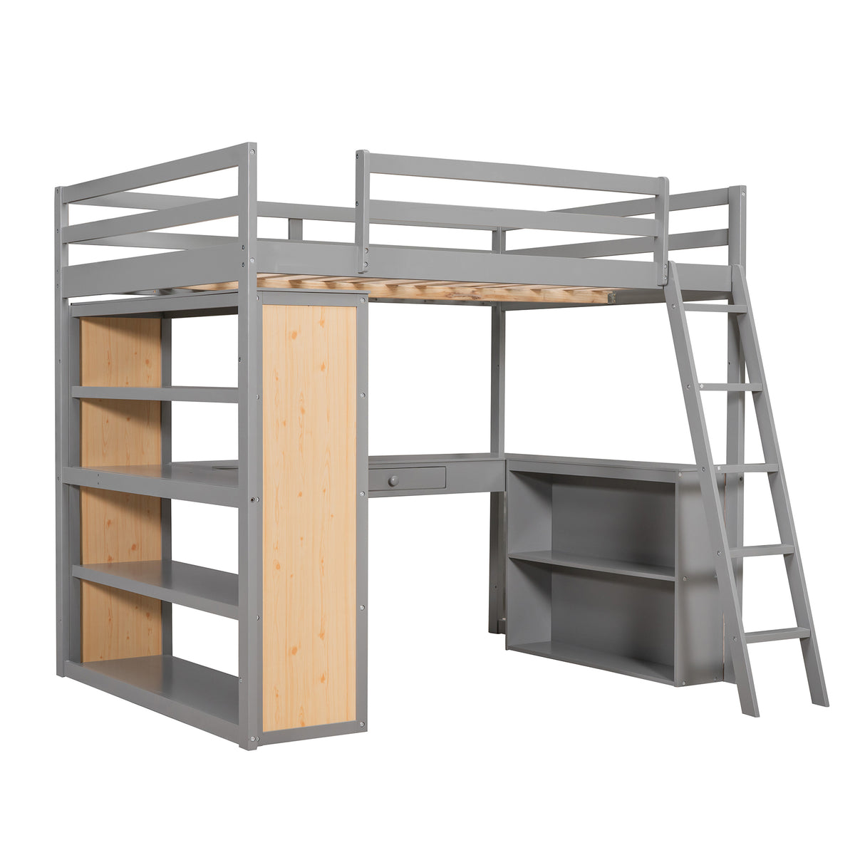 Full Size Loft Bed with Ladder, Shelves, and Desk, Gray - Home Elegance USA