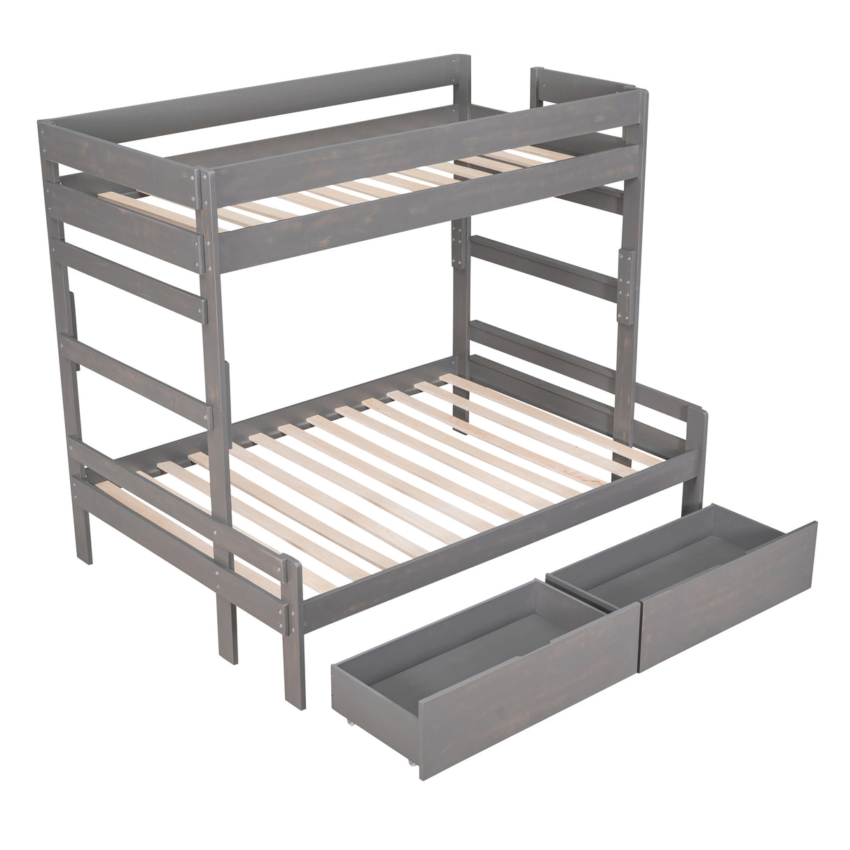 Twin over Full Wood Bunk Bed with 2 Drawers, Gray - Home Elegance USA