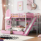 Full-Over-Full Castle Style Bunk Bed with 2 Drawers 3 Shelves and Slide - Pink - Home Elegance USA