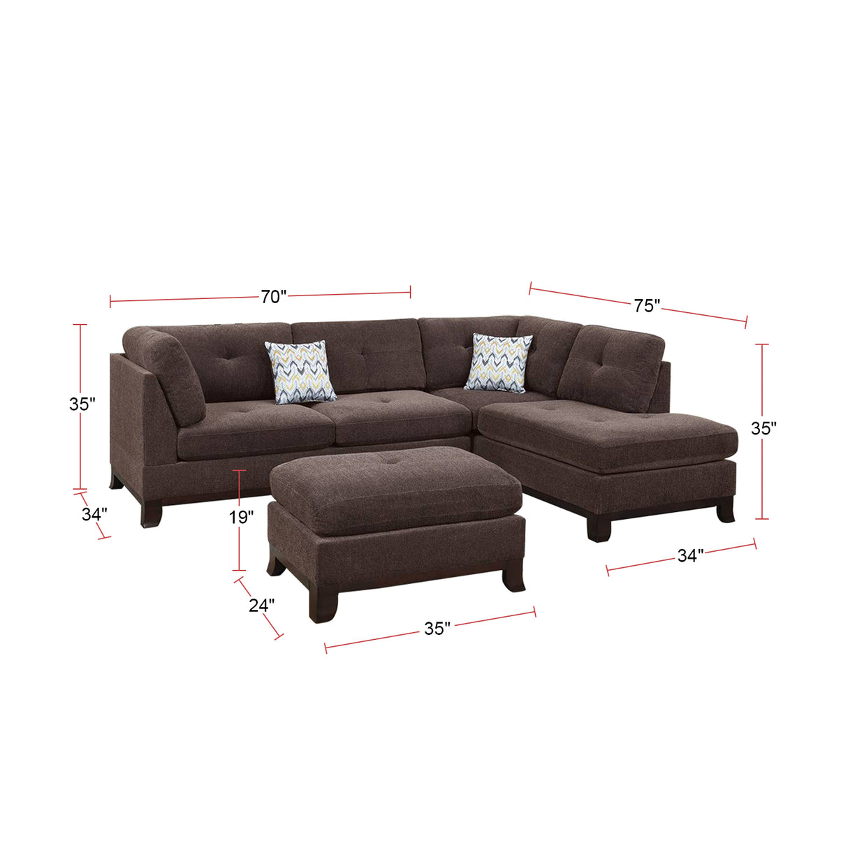 Chenille Reversible Sectional Sofa with Ottoamn in Dark Coffee - Home Elegance USA