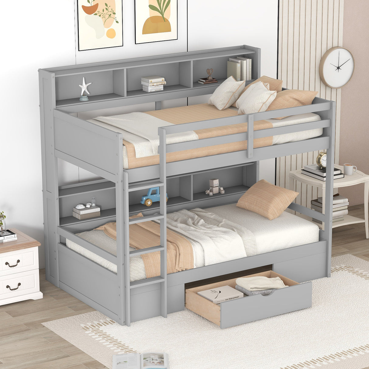 Twin Size Bunk Bed with Built-in Shelves Beside both Upper and Down Bed and Storage Drawer,Gray - Home Elegance USA