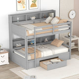 Twin Size Bunk Bed with Built-in Shelves Beside both Upper and Down Bed and Storage Drawer,Gray - Home Elegance USA