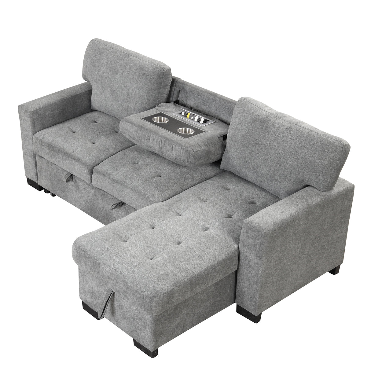 Stylish and Functional Light Chaise Lounge Sectional with Storage Rack Pull-out Bed Drop Down Table  and USB Charger Gray - Home Elegance USA