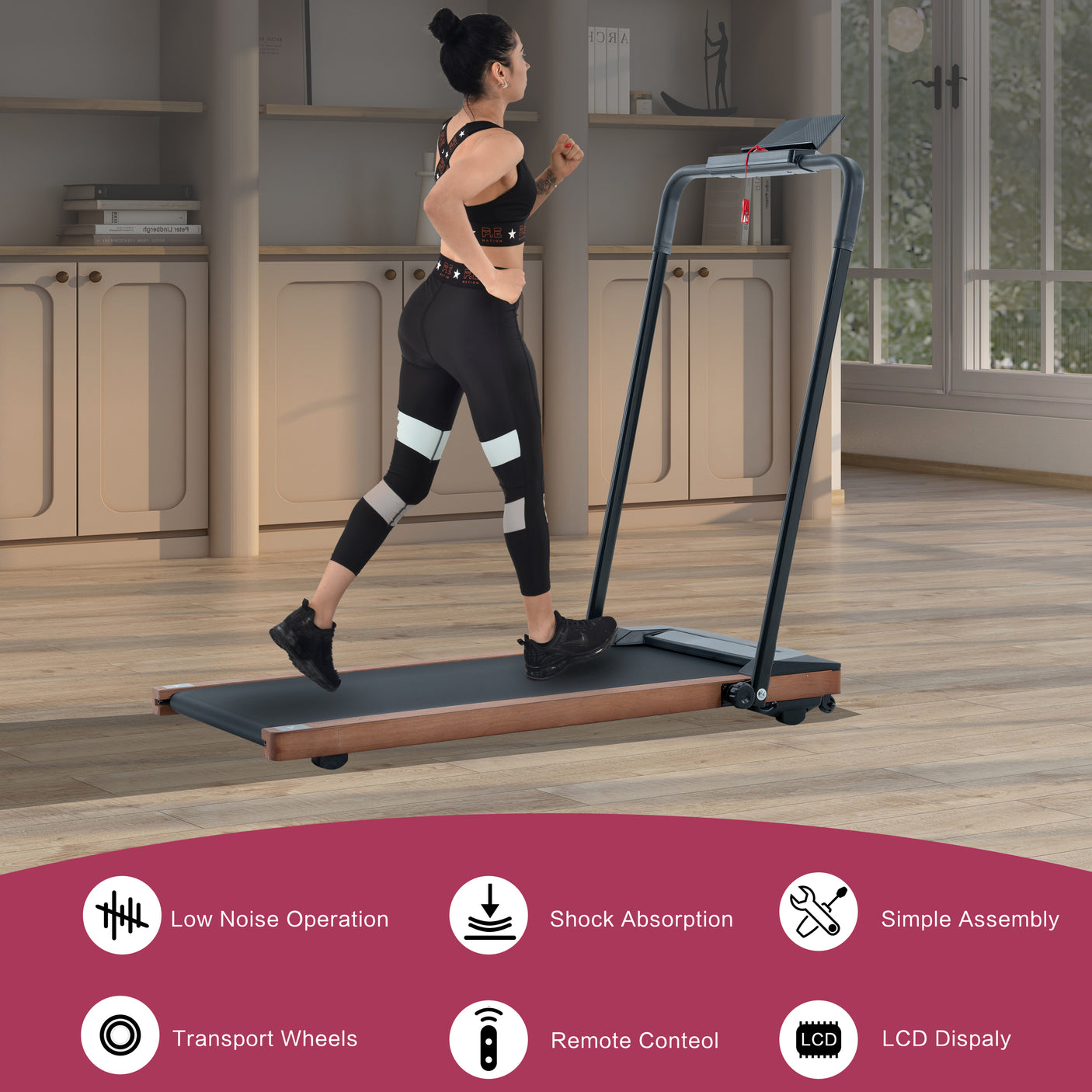 HP-P12ABK electric treadmill, folding treadmill, LCD display screen and mat holder;    Home Office Gym Stand, 2.25HP Electric， Wood Electric Treadmill with Remote Control, Walking Machine