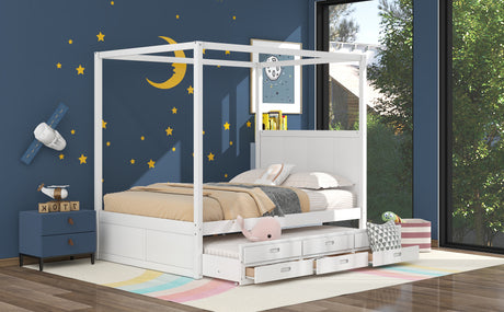 Queen Size Canopy Platform Bed with Twin Size Trundle and Three Storage Drawers,White - Home Elegance USA