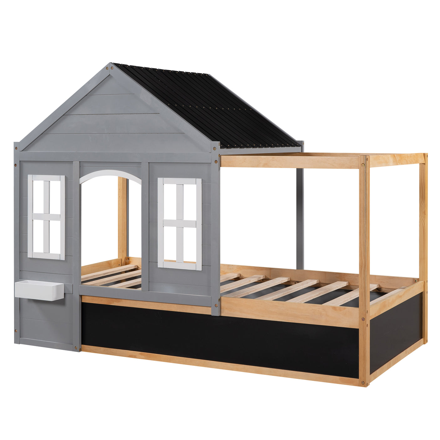 Twin Size House Shaped Canopy Bed with Black Roof and White Window,Blackboard and Little Shelf,Gray - Home Elegance USA