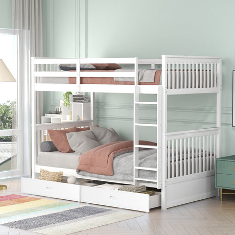 Twin-Over-Twin Bunk Bed with Ladders and Two Storage Drawers (White) - Home Elegance USA