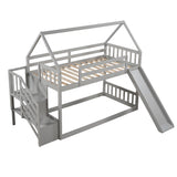 Twin over Twin House Bunk Bed with Slide and Storage Staircase,Grey - Home Elegance USA