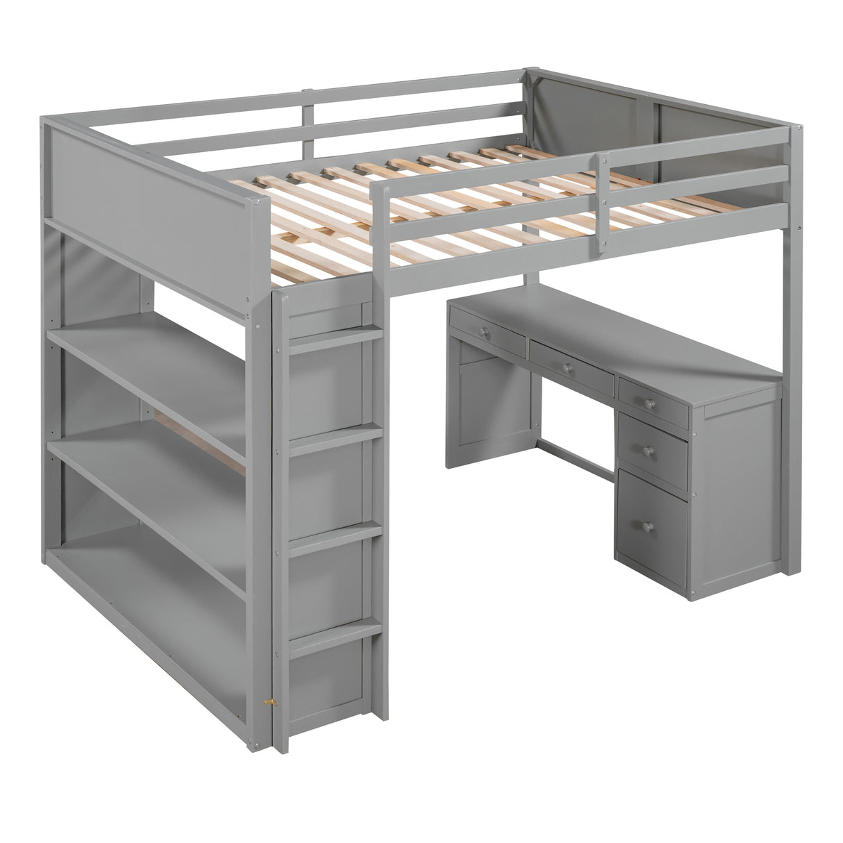 Full Size Loft Bed with Ladder, Shelves, and Desk, Gray - Home Elegance USA