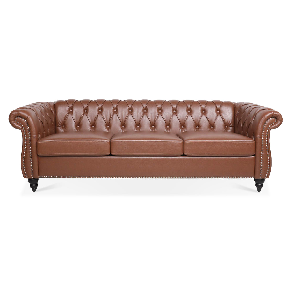 84.65"BROWN PU Rolled Arm Chesterfield Three Seater Sofa. | Home Elegance USA