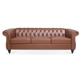 84.65"BROWN PU Rolled Arm Chesterfield Three Seater Sofa. | Home Elegance USA