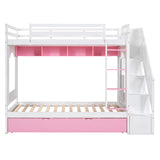 Twin Over Twin Bunk Bed with Trundle ,Stairs,Ladders Solid Wood Bunk bed with Storage Cabinet （White + Pink） - Home Elegance USA