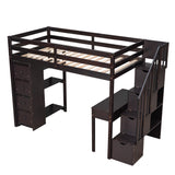 Twin size Loft Bed with Storage Drawers ,Desk and Stairs, Wooden Loft Bed with Shelves - Espresso - Home Elegance USA