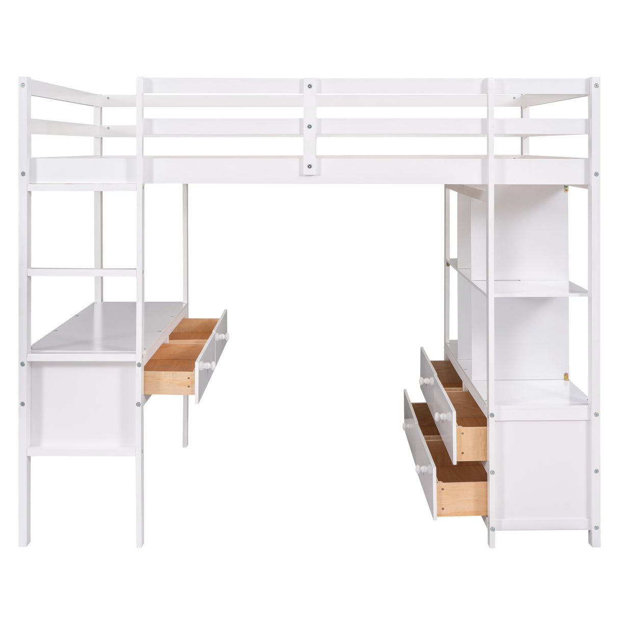 Full Size Loft Bed with Built-in Desk with Two Drawers, and Storage Shelves and Drawers,White - Home Elegance USA