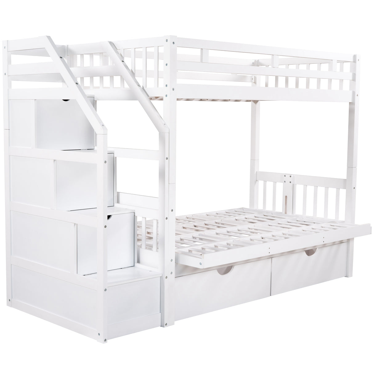 Twin over Full Bunk Bed with Two Drawers and Staircase, Down Bed can be Converted into Daybed,White Home Elegance USA