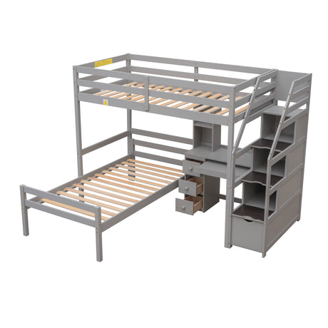 Twin Size Loft Bed with a Stand-alone Bed, Storage Staircase, Desk, Shelves and Drawers, Gray - Home Elegance USA
