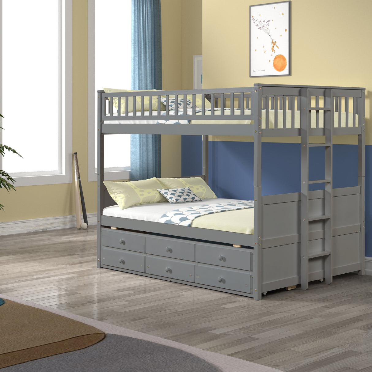 FULL OVER FULL BUNKBED WITH TWIN TRUNDLE AND 3 DRAWERS - Home Elegance USA