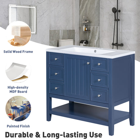 36" Bathroom Vanity with Sink Combo, One Cabinet and Three Drawers, Solid Wood and MDF Board, Blue - Bathroom Vanities - SY999505AAC - image - 6