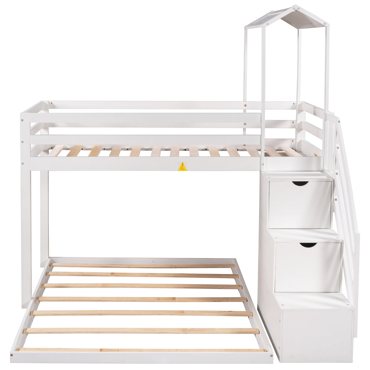 Twin over Full House Roof Bunk Bed with Staircase and Shelves, White - Home Elegance USA