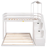 Twin over Full House Roof Bunk Bed with Staircase and Shelves, White - Home Elegance USA