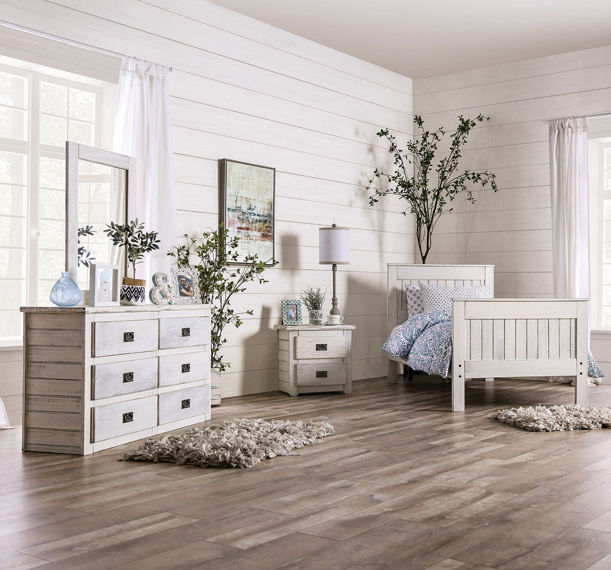 Rockwall - 4 Piece Full Bedroom Set - Weathered White - Home Elegance USA