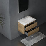 29'' Wall Mounted Single Bathroom Vanity in Natural Wood With White Solid Surface Vanity Top