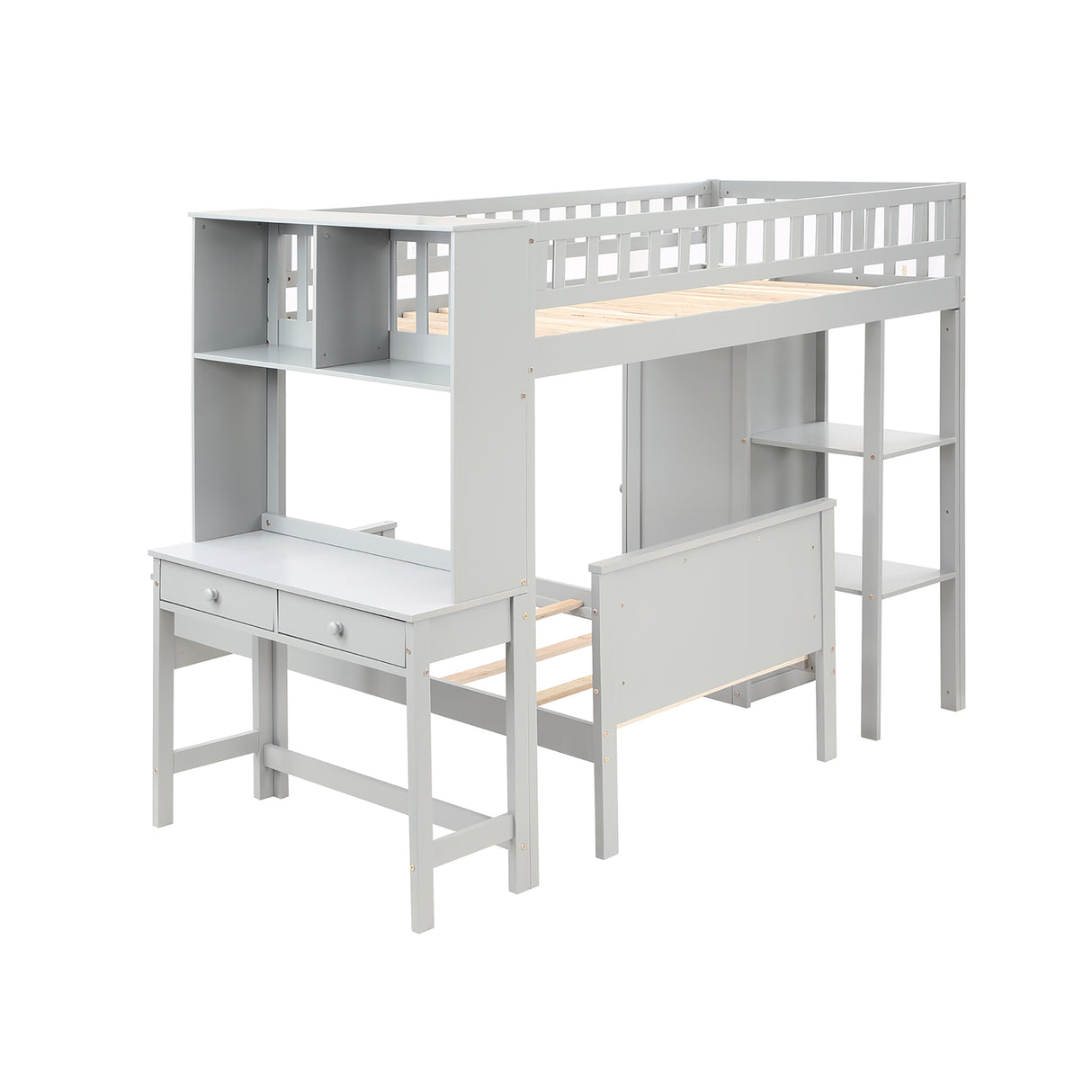 Twin Size Loft Bed with Closet and Desk, Extra Bottom Twin Bed, Grey - Home Elegance USA