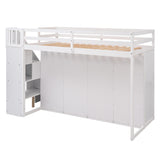 Functional Loft Bed with 3 Shelves, 2 Wardrobes and 2 Drawers,  Ladder with Storage, No Box Spring Needed, White - Home Elegance USA