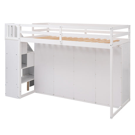Functional Loft Bed with 3 Shelves, 2 Wardrobes and 2 Drawers,  Ladder with Storage, No Box Spring Needed, White - Home Elegance USA