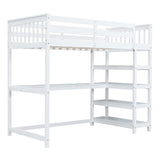 Twin Size Loft Bed with Storage Shelves and Under-bed Desk, White - Home Elegance USA