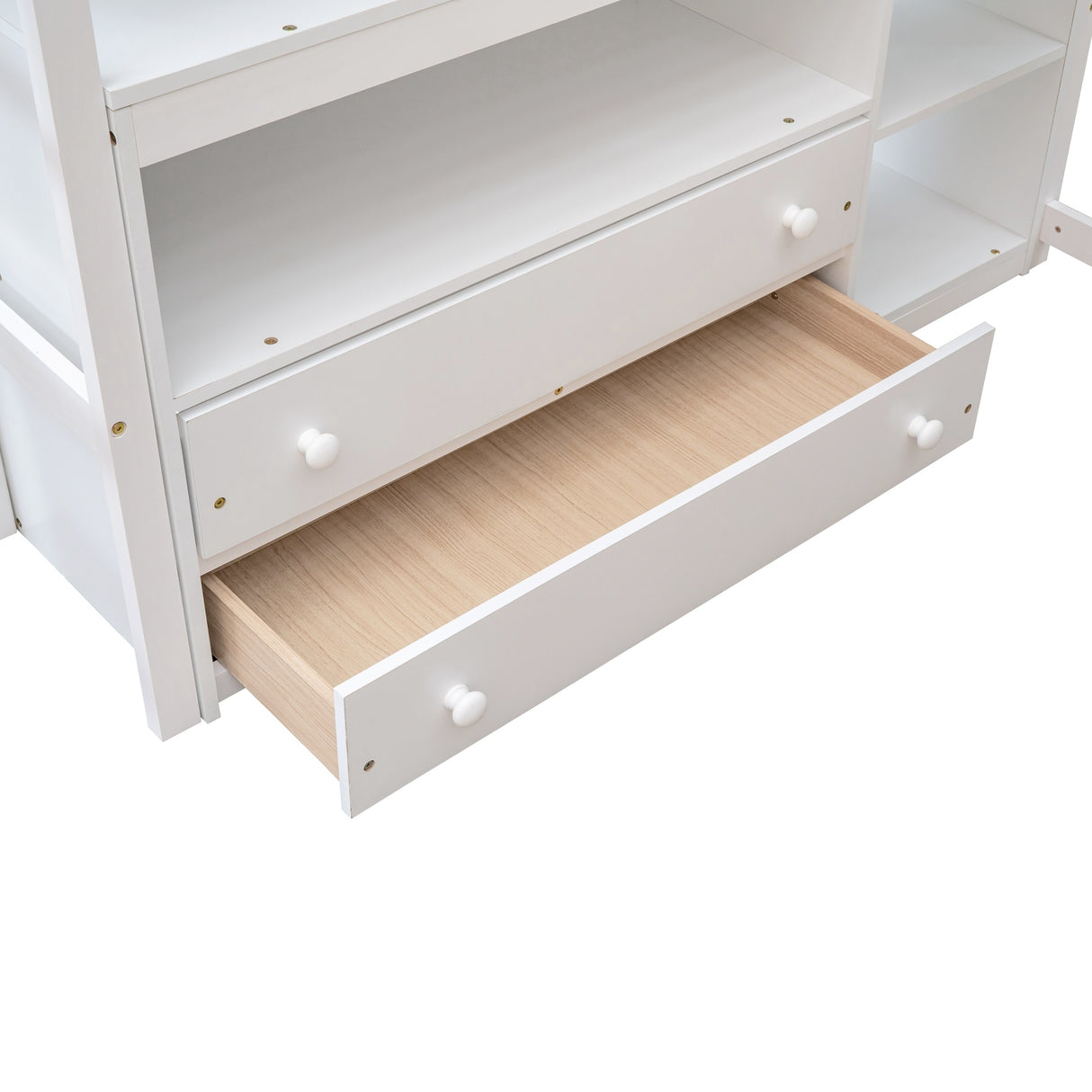 Full Size Loft Bed with Desk and Shelves,Two Built-in Drawers,White - Home Elegance USA