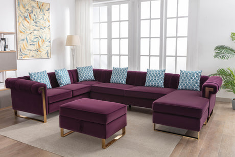 Maddie Purple Velvet 7-Seater Sectional Sofa with Reversible Chaise and Storage Ottoman - Home Elegance USA