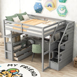 Full Size Loft Bed with Desk and Shelves, Two Built-in Drawers, Storage Staircase, Gray