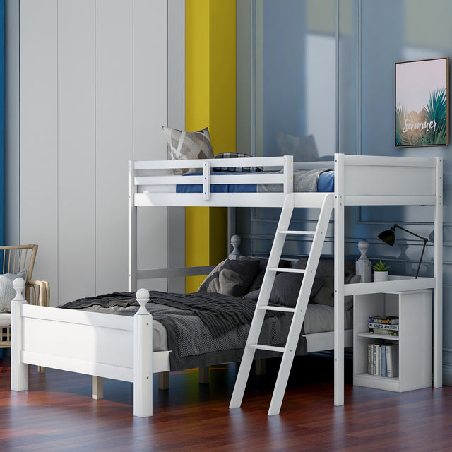 Twin over Full Loft Bed with Cabinet, White - Home Elegance USA