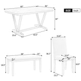 TREXM Modern Style 6-piece Dining Table with 4 Chairs & 1 Bench, Table with Marbled Veneers Tabletop and V-shaped Table Legs (White) - Home Elegance USA