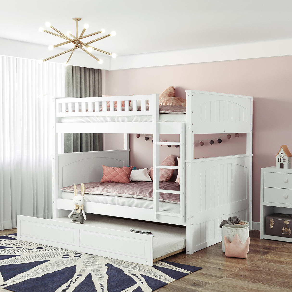 Full Over Full Bunk Bed with Twin Size Trundle, Pine Wood Bunk Bed with Guardrails, White （Old SKU:LP000044AAK） - Home Elegance USA