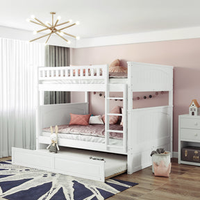 Full Over Full Bunk Bed with Twin Size Trundle, Pine Wood Bunk Bed with Guardrails, White （Old SKU:LP000044AAK）
