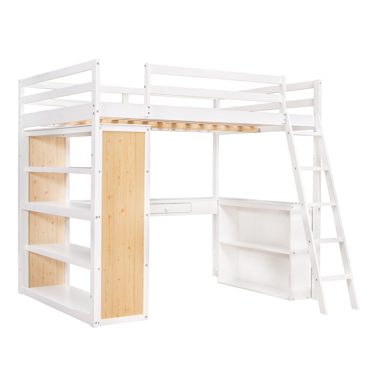Full Size Loft Bed with Ladder, Shelves, and Desk, White - Home Elegance USA